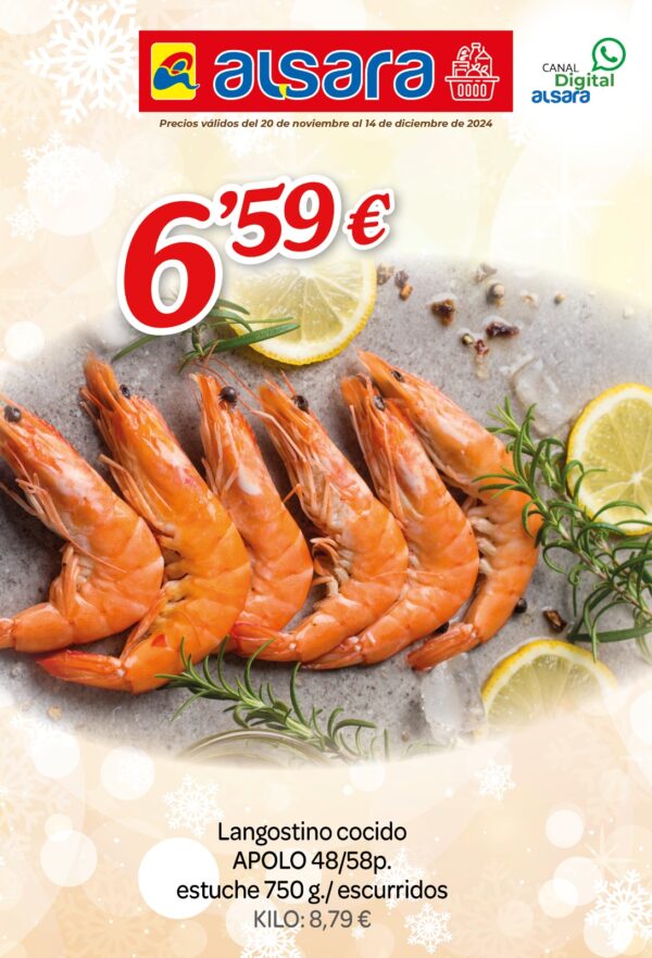 LANGOSTINO COCIDO APOLO 48-58PIEZAS, 750GR